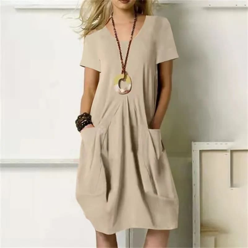 Abito casual ampio da donna solido Abito estivo o-collo a maniche corte Tasca da indossare ogni giorno da strada Abiti Abito longuette da donna alla moda