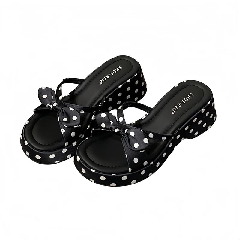 Black Platform Sandal Women Slippers Summer Block Heels Sandals 2026 Fashion Polka Dots Bow Chunky Shoes Ladies Slippers