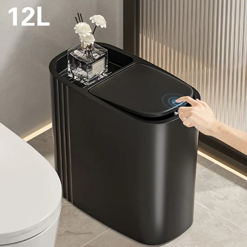 Elegante cestino nero da 12 litri con coperchio a sollevamento con un solo pulsante, che blocca gli odori, per case e bagni - design elegante, resistente
