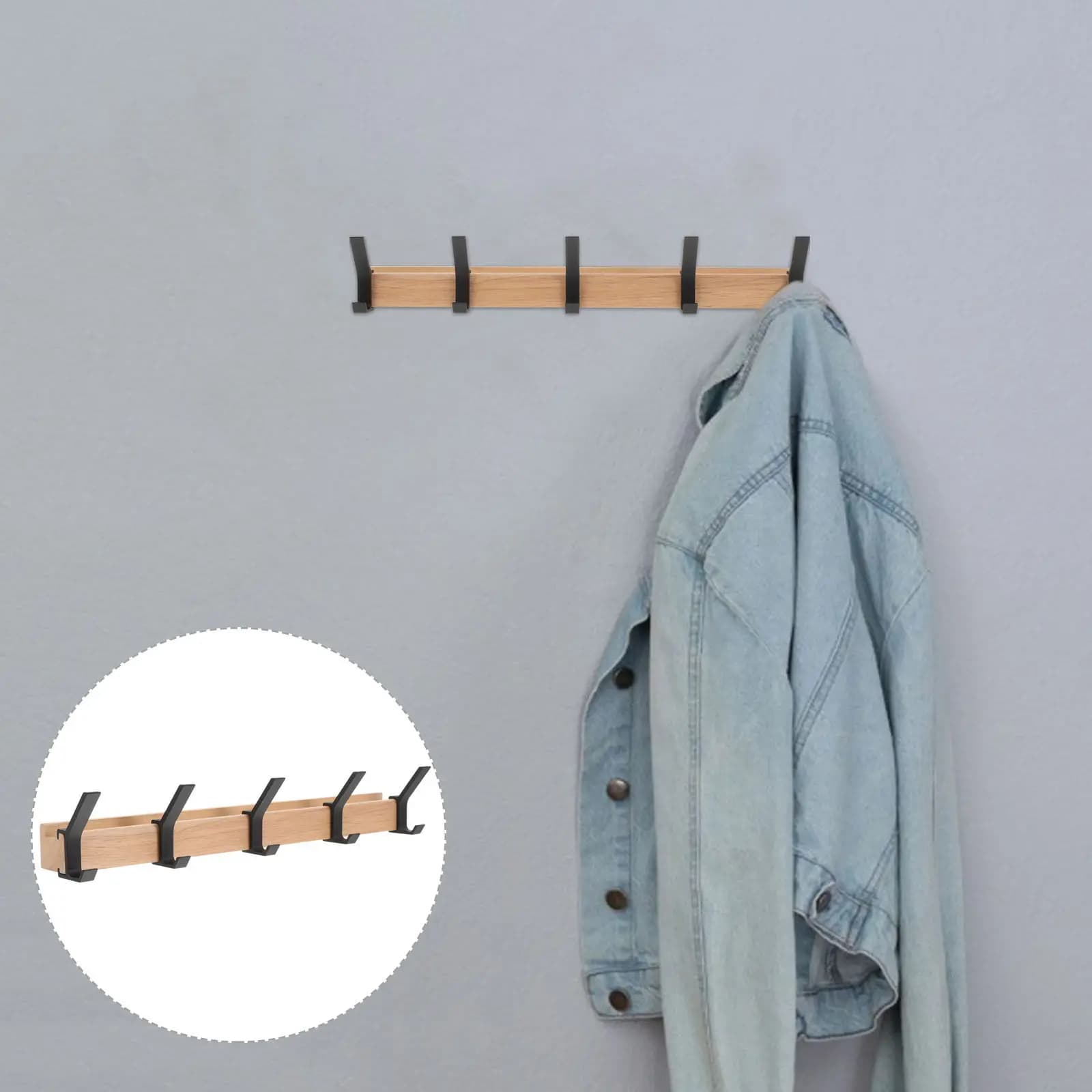 5 Hook Wood Wall Hooks Over Door Hanger for Hanging Clothes Hats Keys Towels Compact Space Saving Entryway Bedroom Bathroom