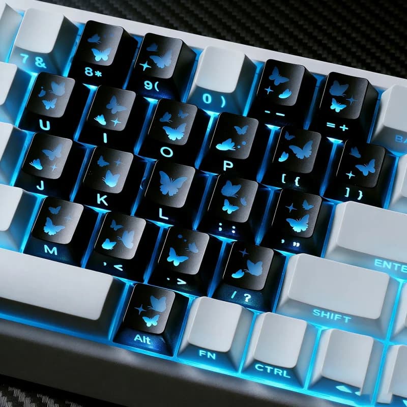 Metal Paint PC Keycaps,21 Keys Cherry Translucent Butterfly Heart-Shaped Shine Through DIY Custom Mechanical Keyboard Keycaps