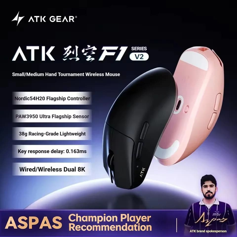 Mouse da Gaming ATK Blazing Sky F1 V2 Ultimate, Dual-Mode, Leggero, PAW3950Ultra, 8000Hz, Bassa Latenza, Ergonomico, Wireless, Estremo
