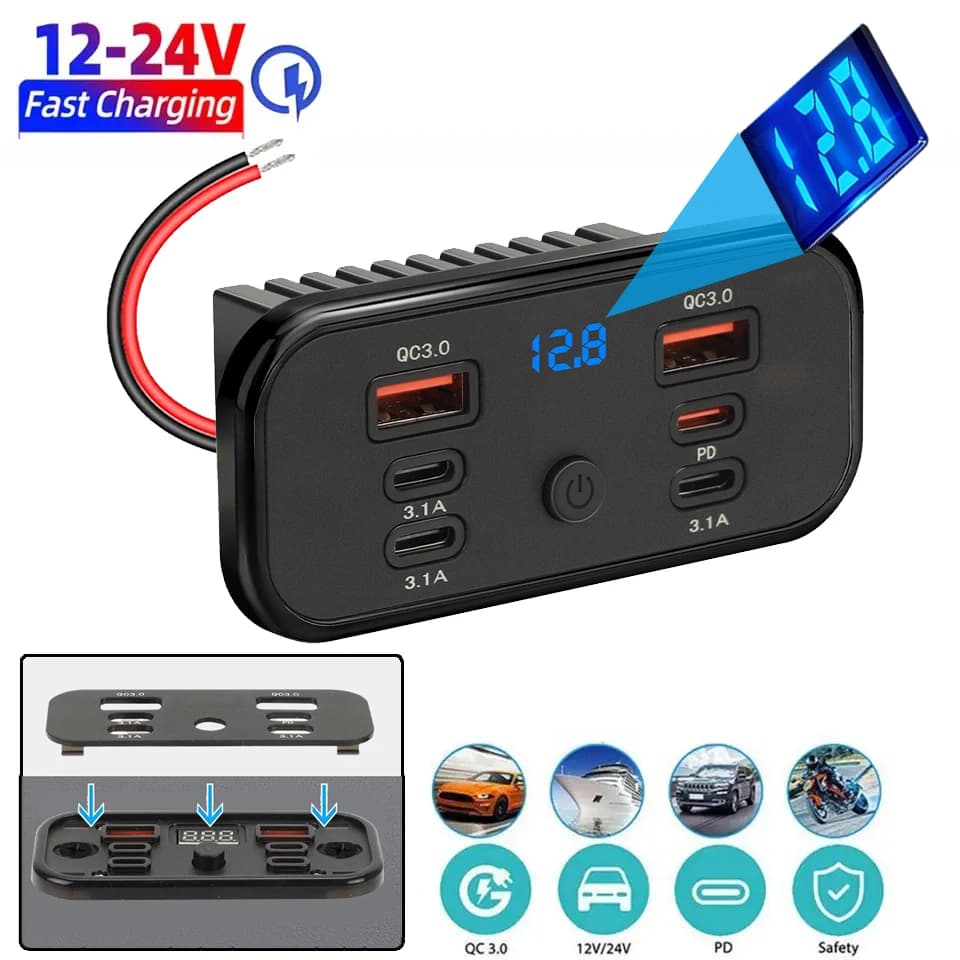 Caricatore per Auto 96W con 4/6 Porte PD3.0 e QC3.0, Presa di Ricarica Rapida 12V-24V con Interruttore di Tensione per Auto, Camion, Camper, Nautica