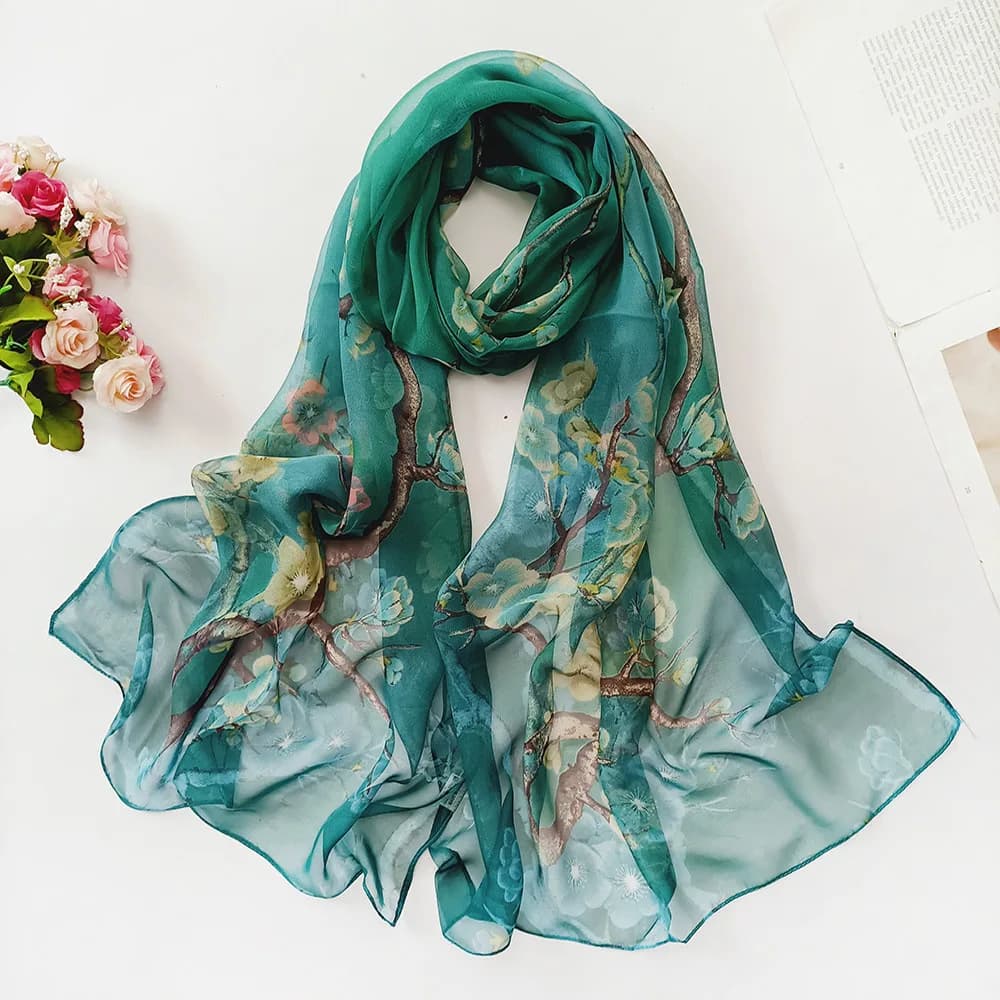 Silk Scarf for Summer Solar Protection Sea Long Beach Lady Soft plum flower Lady Decorative Slim