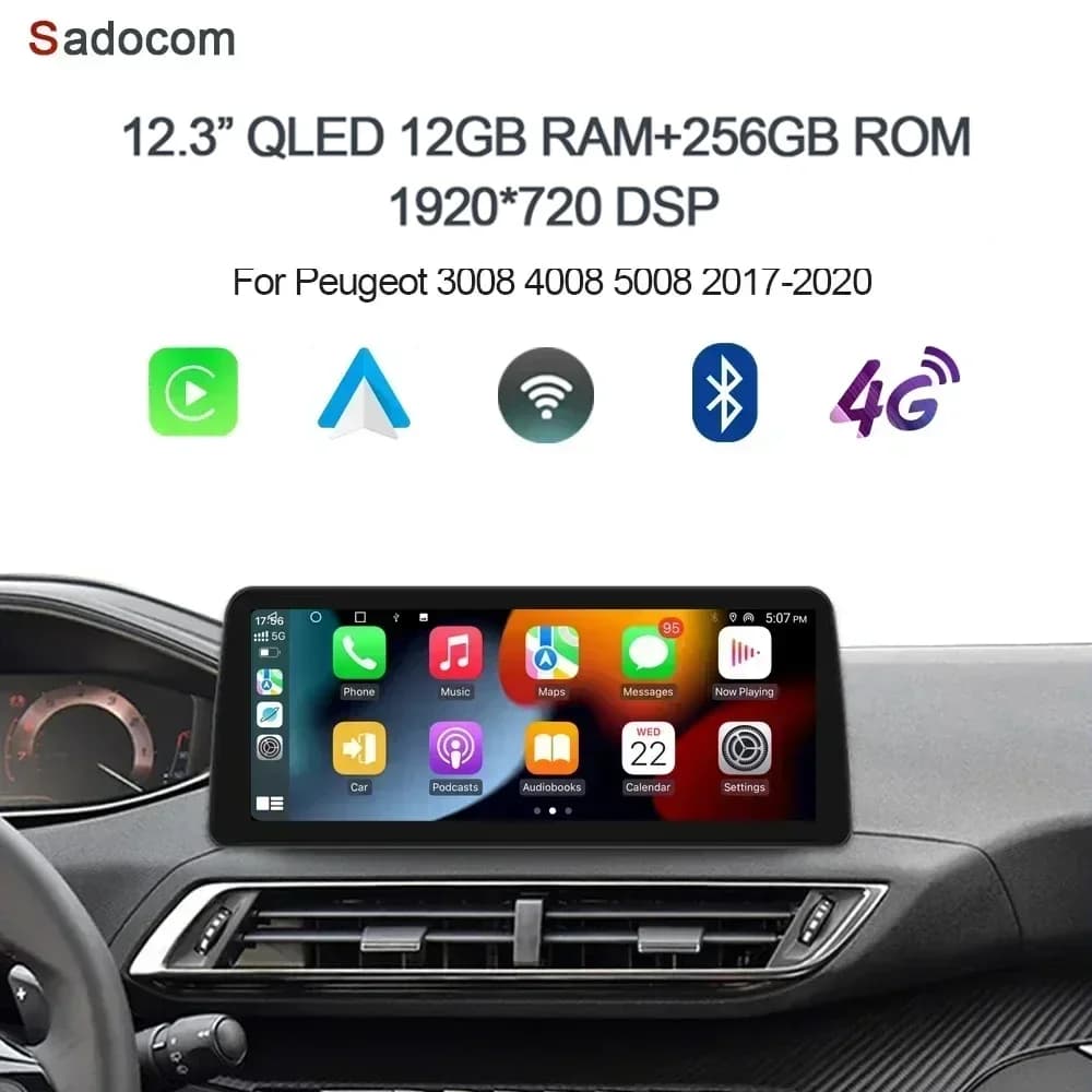 CarPlay DSP 12.3" QLED 720P 360 8G+256G Carplay Android 14.0 Car Player GPS WIFI autoradio For Peugeot 3008 4008 5008 2017-2020