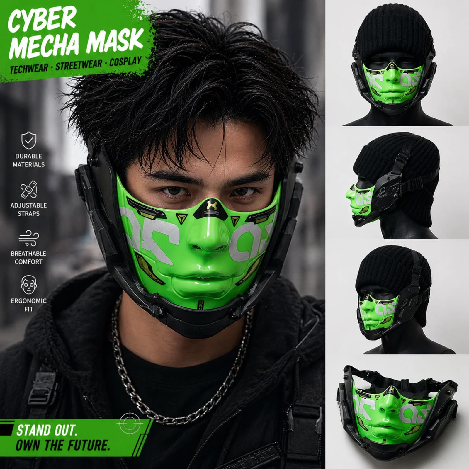 Maschera Cyberpunk Mecha Style per Halloween, Cosplay, con Cinghie Regolabili, Traspirante e Confortevole, per Feste, Unisex