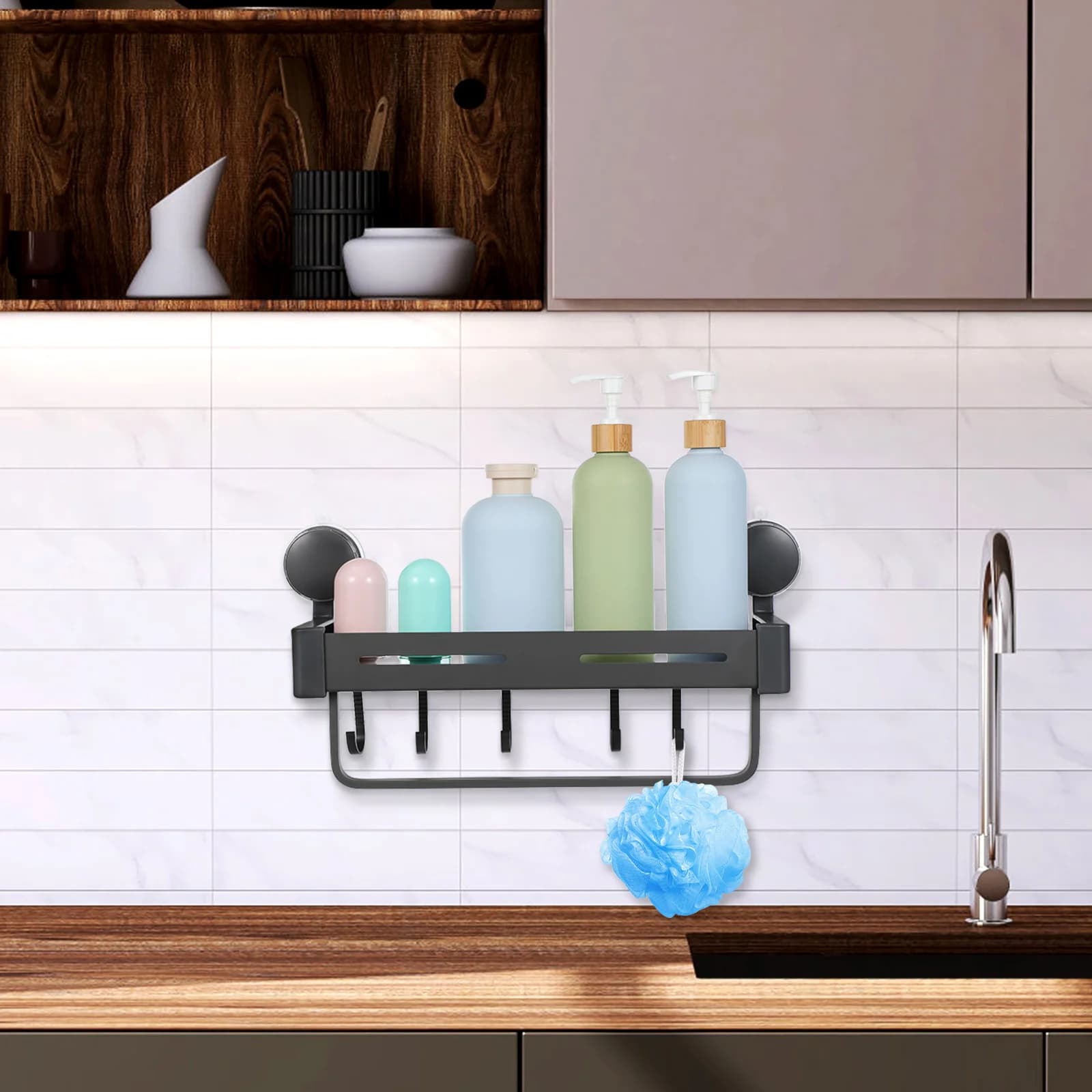 Portaoggetti da parete con ventosa per spezie, portaoggetti per cucina, bagno, ganci, compatibili con varie dimensioni di barattoli, asciugatura salvaspazio