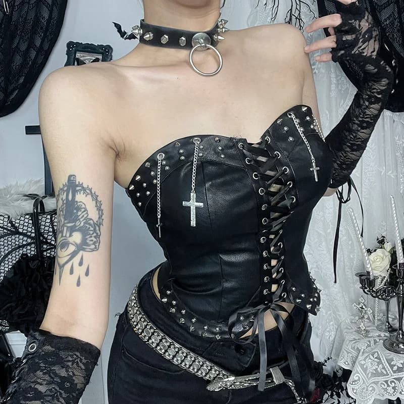 Top rigged con cinturino punk stile gotico scuro 2025 Nuovo gilet con cinturino sottile e sottile sexy da donna