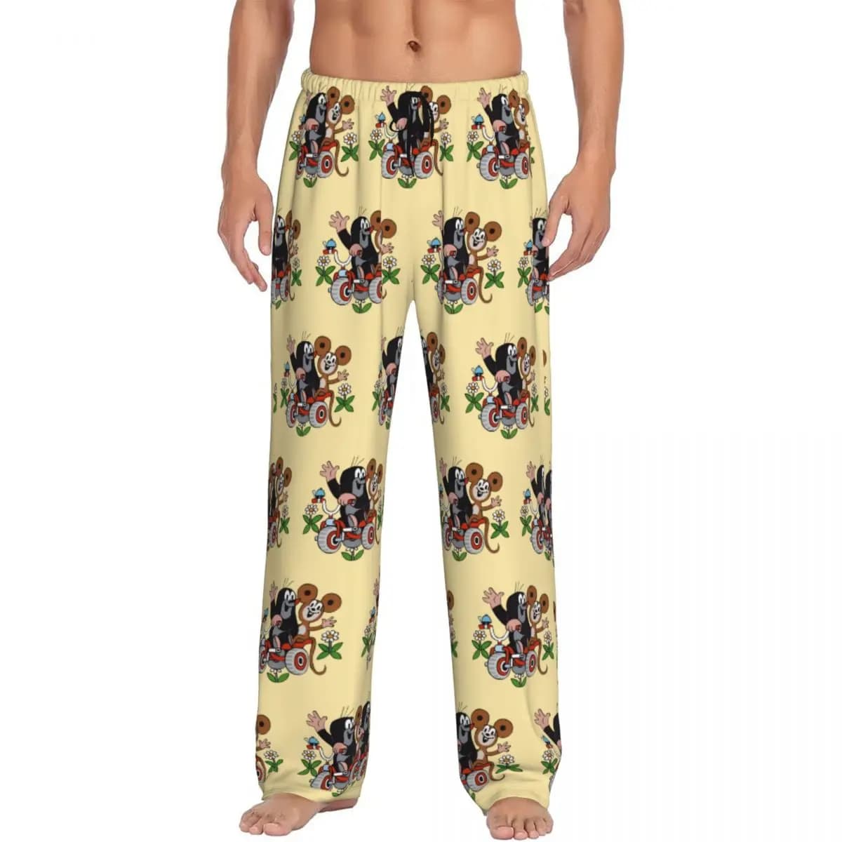 Custom Printed Men The Little Mole Pajama Pants Cute Cartoon Sleepwear Sleep Lounge Bottoms with Pockets