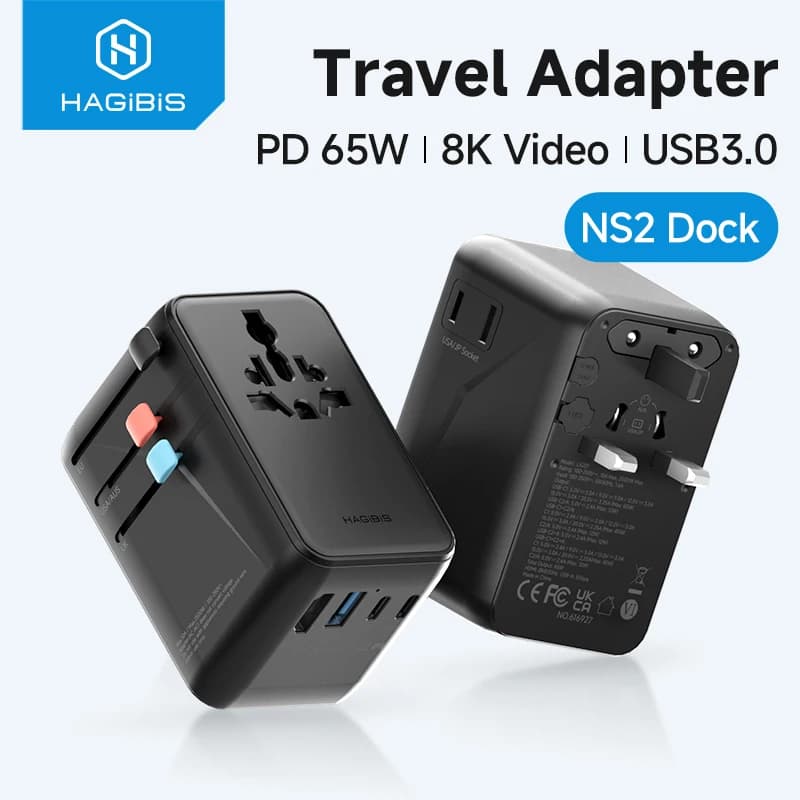 Hagibis 65W GaN Universal Travel Adapter International Power Plug Adapter for EU/US/UK/AUS PD Fast Charging for Switch 2 Dock 8K