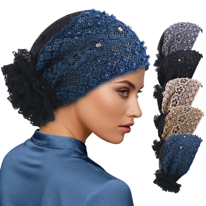 Nuovo elegante pizzo ricamato floreale con perline turbante cappello musulmano chemio copricapo islamico cofano pronto da indossare avvolgenti per la testa femminile