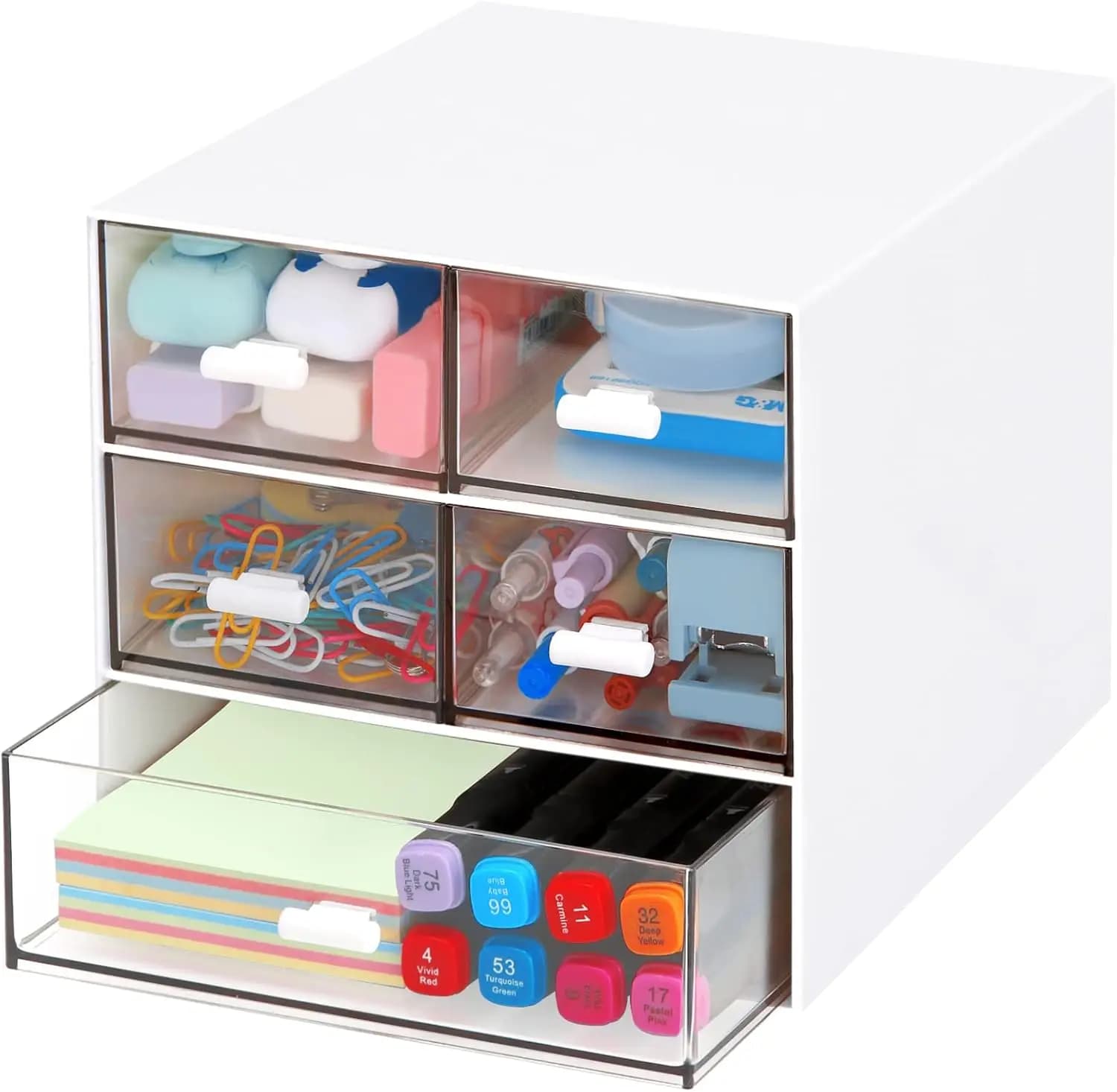 Organizer da Scrivania in Plastica a 5 Cassetti, Scatola Portaoggetti Rettangolare per Ufficio, Scuola, Casa, Bianco