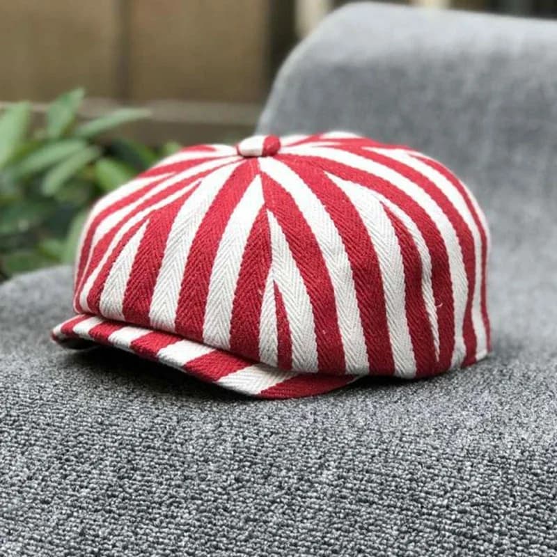 Berretto Newsboy in Cotone a Righe, Cappello Ottagonale da Pittore, Nero Rosso Kaki, Berretto Gavroche per Uomo e Donna