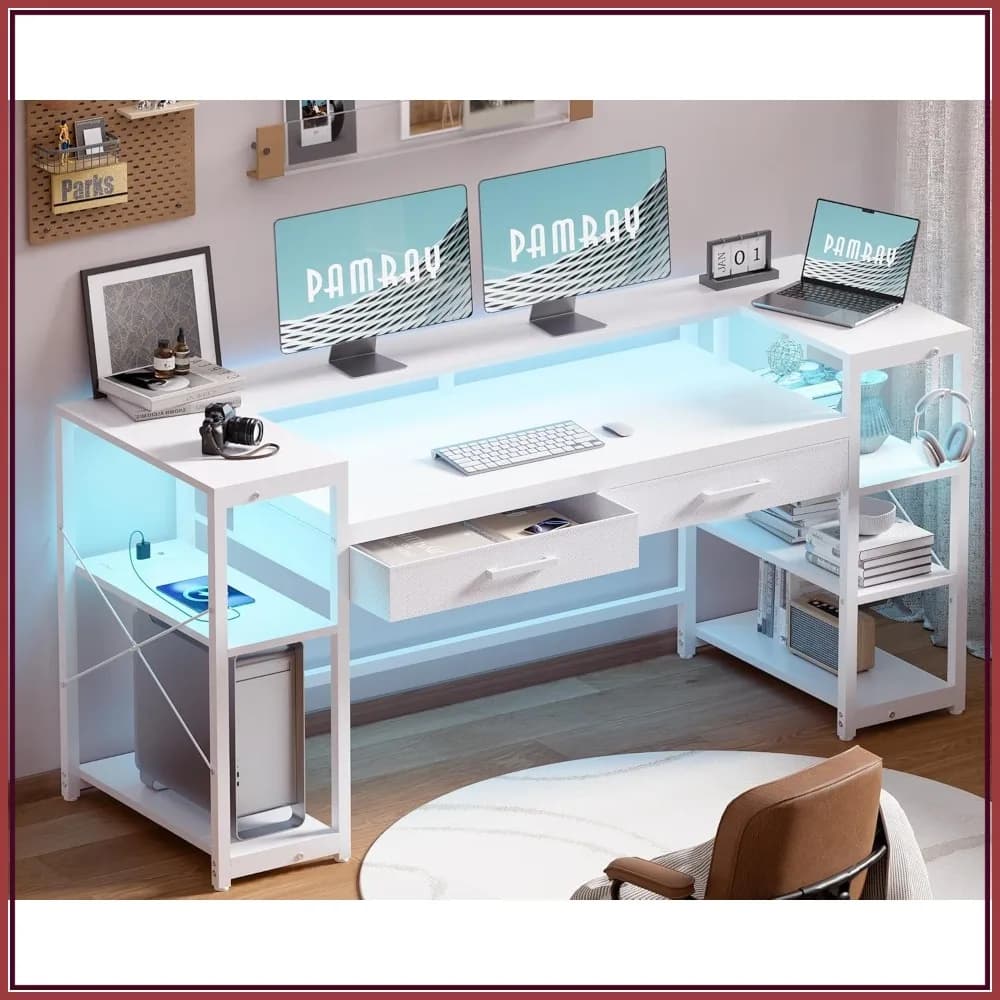 Scrivania da Gaming da 58 Pollici con Luci LED, Prese di Corrente, Supporto Monitor, Ripiani e 2 Cassetti per Ufficio Domestico in Bianco