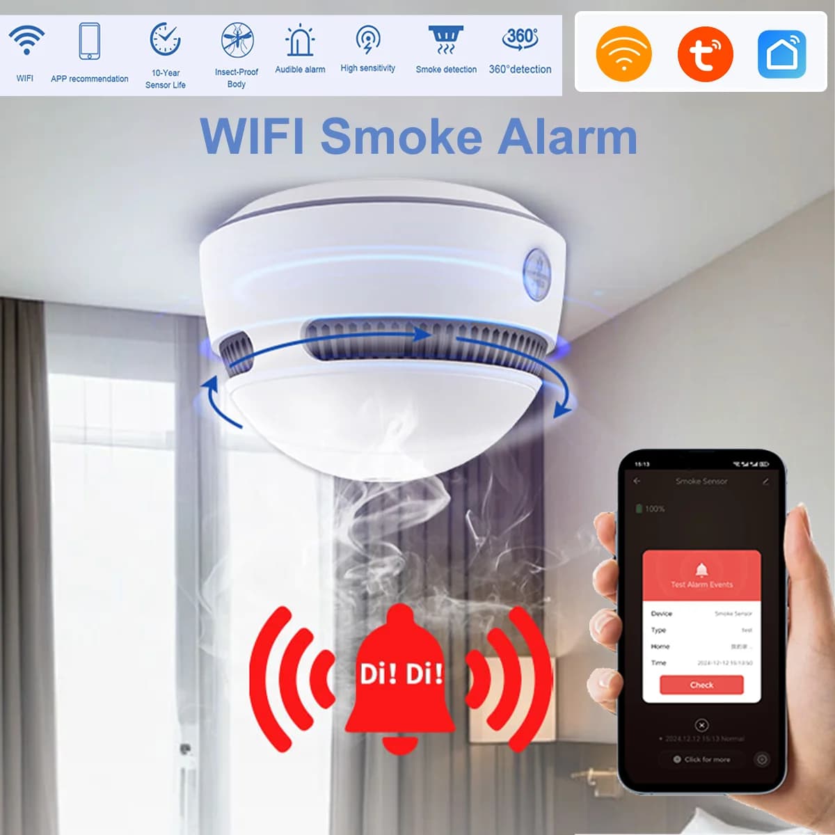 Sistema di allarme CPVAN RV Smart WIFI Tuya, rilevatore di fumo 85dB per cucina, camper/roulotte, rilevatore di incendio compatibile con l'app Tuya/Smart Life