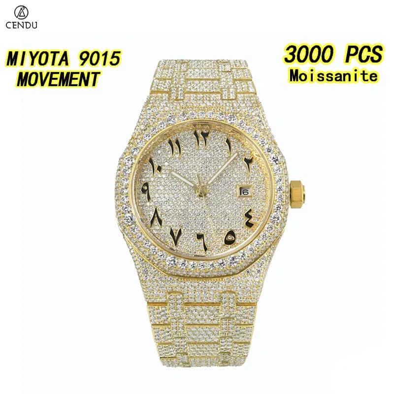 Luxury VVS Moissanite Men Watch Gold Full damonds Dial Luxury Design 9015 Automatic Mechanical Movement Waterproof Bracelet