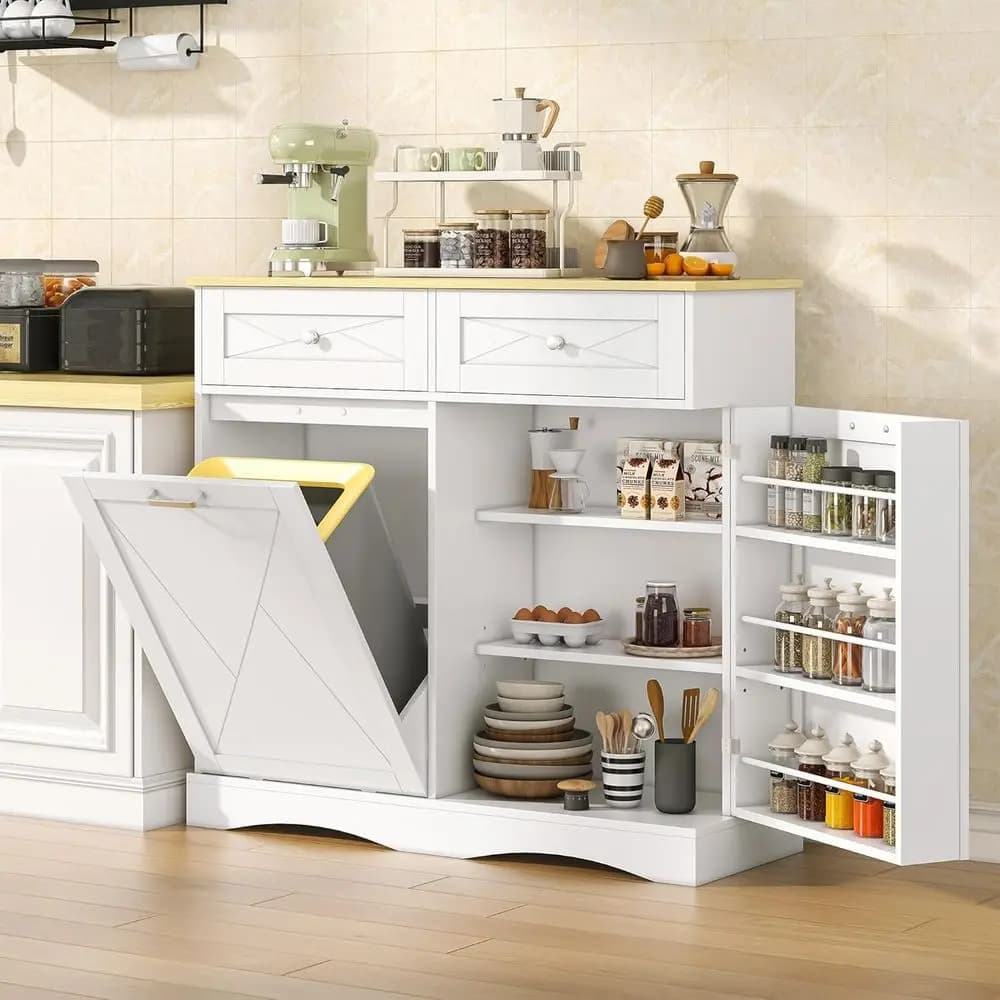Mobile da Cucina con Bidone della Spazzatura da 12 Galloni e Contenitore per Riciclaggio Nascosto, Bianco