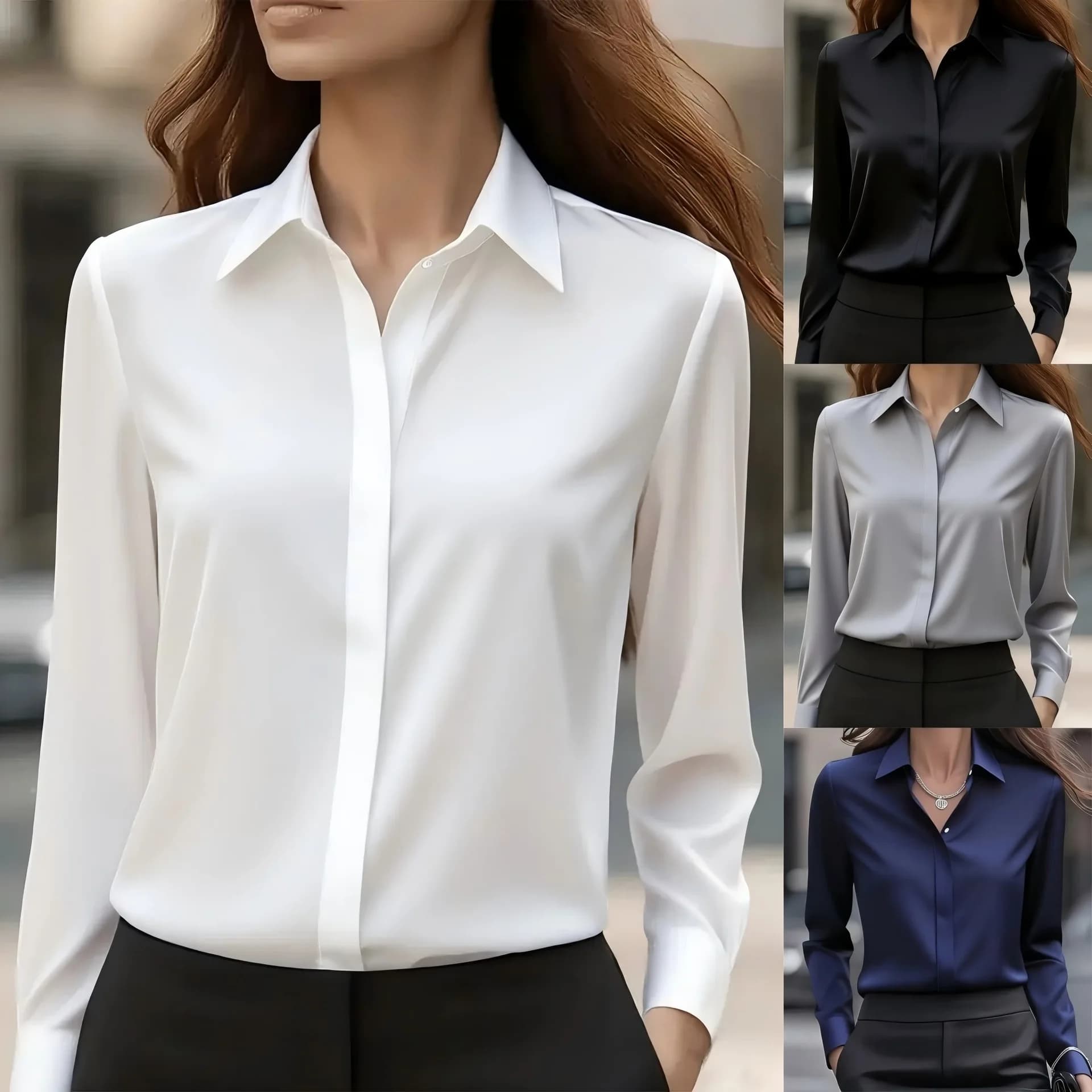 Camicia a maniche lunghe tinta unita da donna - Camicetta basic versatile, top classici da ufficio