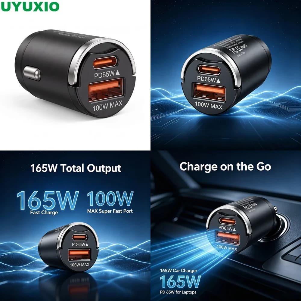 165W Two Port Car Charger Dual Output 65W USB C 100W USB A Charging for Cars Trucks SUVs and Travel Durable Zinc Alloy Mini Body