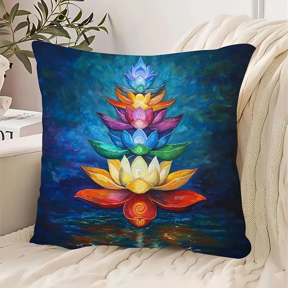 Modern Zen Style Double Sided Cushion Cover with Lotus Chakra Yoga and Meditation Design for Interior Home Room Decor