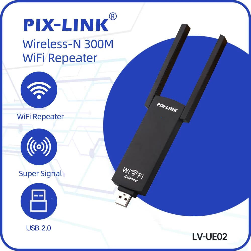 PIX-LINK UE02 Ripetitore WiFi 300Mbps USB 2.0 Wireless-N, Amplificatore di Segnale 2.4GHz con 2 Antenne, Forte Penetrazione delle Pareti
