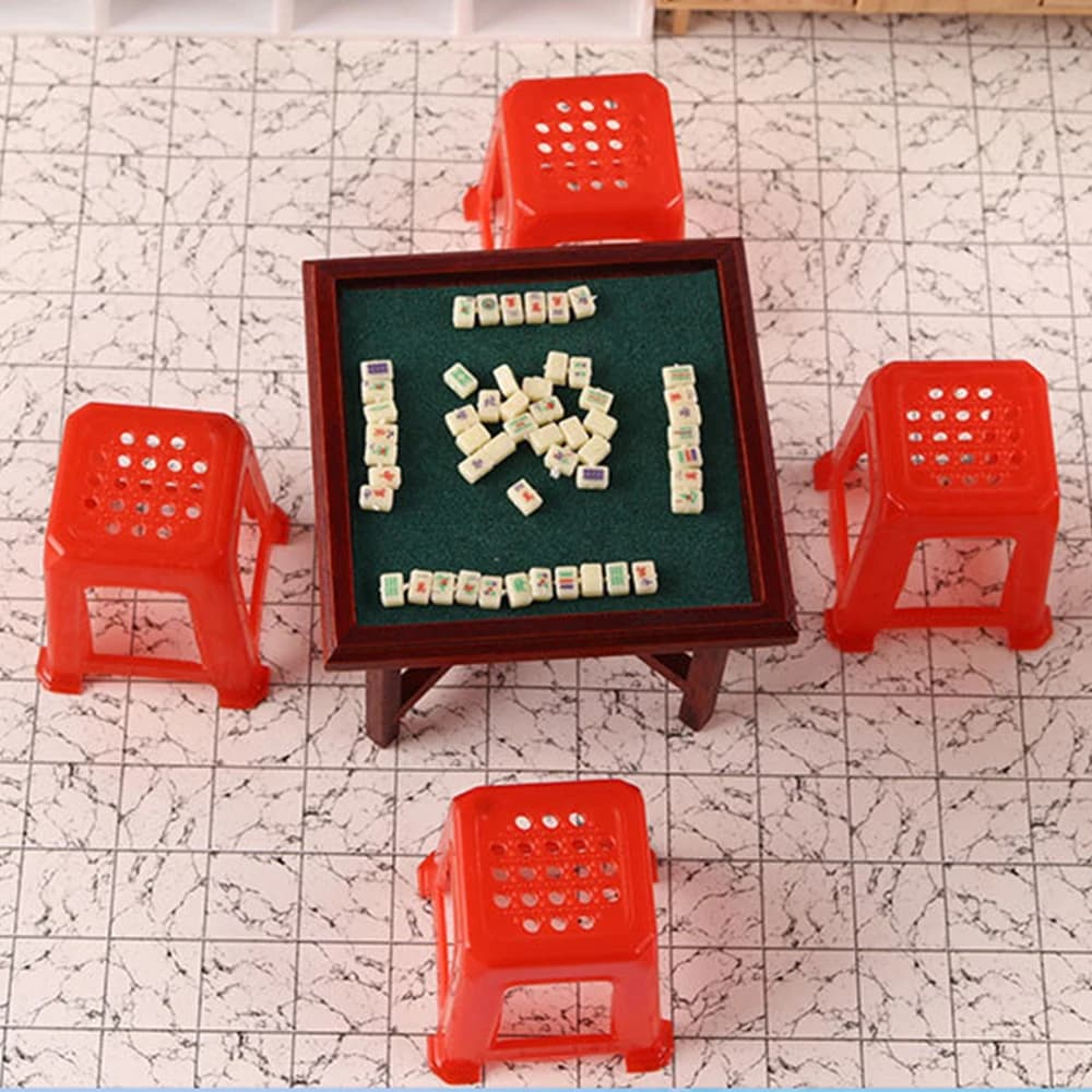 1/12 Set da tavolo Mahjong cinese in miniatura accessori per casa delle bambole 4 pezzi sedia casa delle bambole finta giocattolo Micro mobili per regalo ragazza