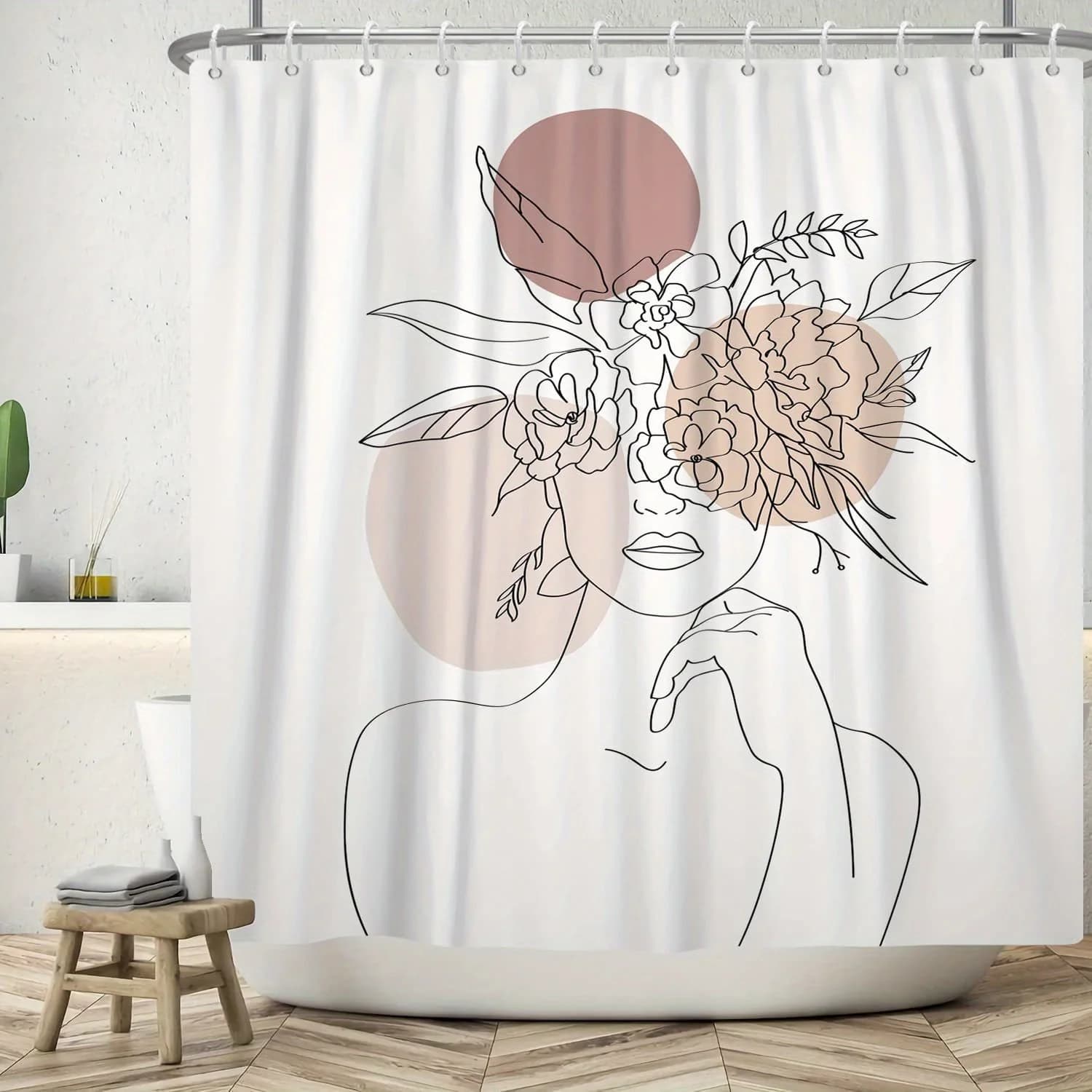 Tenda da doccia con linea astratta per donna con corona floreale Cerchi beige Design Tenda da bagno impermeabile Arredamento moderno Boho