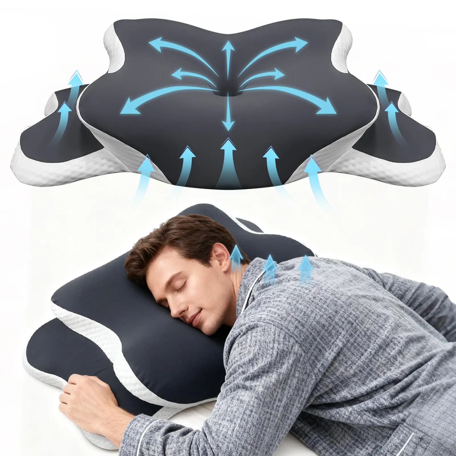 Cuscino cervicale ergonomico Cuscino in memory foam Sollievo dal dolore al collo Viene fornito con federa in seta ghiacciata regolabile per gli dorme sul lato posteriore