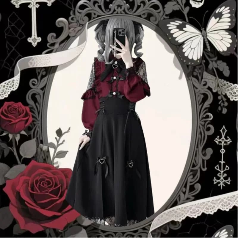 Jirai Kei JK skirt Uniform Cosplay Cameriera Burgundy Lace Blouse Sweetheart Dating Lolita for girls Women Theme Day
