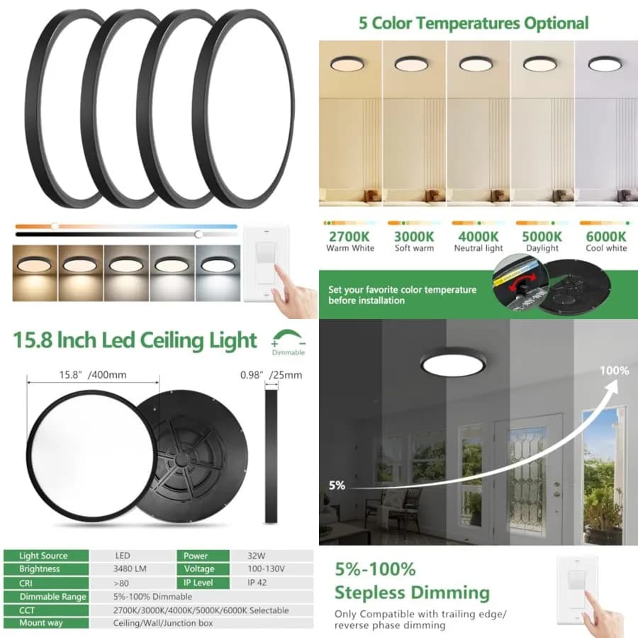 Plafoniera LED Dimmerabile da 15,8 Pollici, 32W, 3480LM, 3000K/3700K/4000K/5000K/6000K, Pannello Piatto Rotondo a Basso Profilo