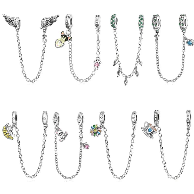 Ciondolo a forma di gatto sulla luna placcato argento con catena di sicurezza e zirconi gialli, per bracciale, gioiello cielo notturno, idea regalo