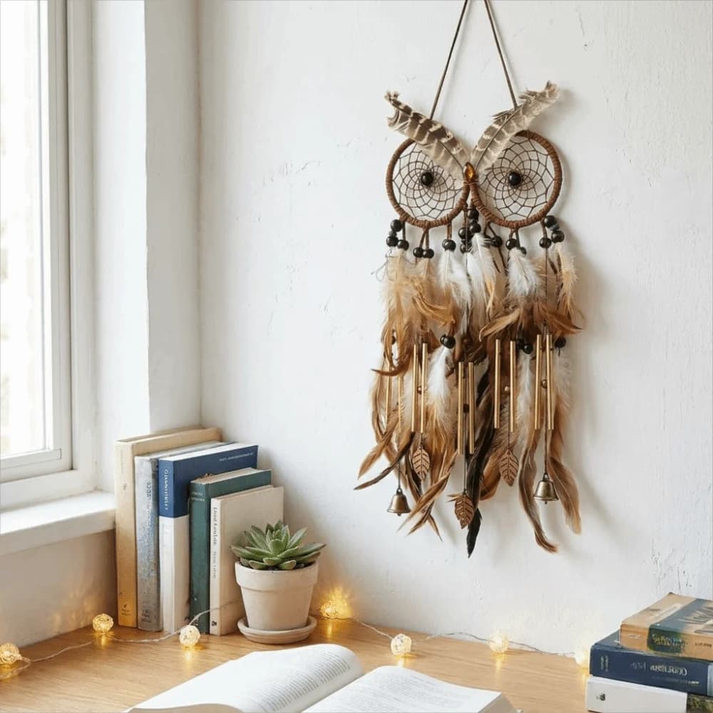 Spiritual Decor Owl Shaped Dream Catcher Handcrafted Circular Net Dreamcatcher Net Brown Feathers Handmade Dreamcatcher Bedroom