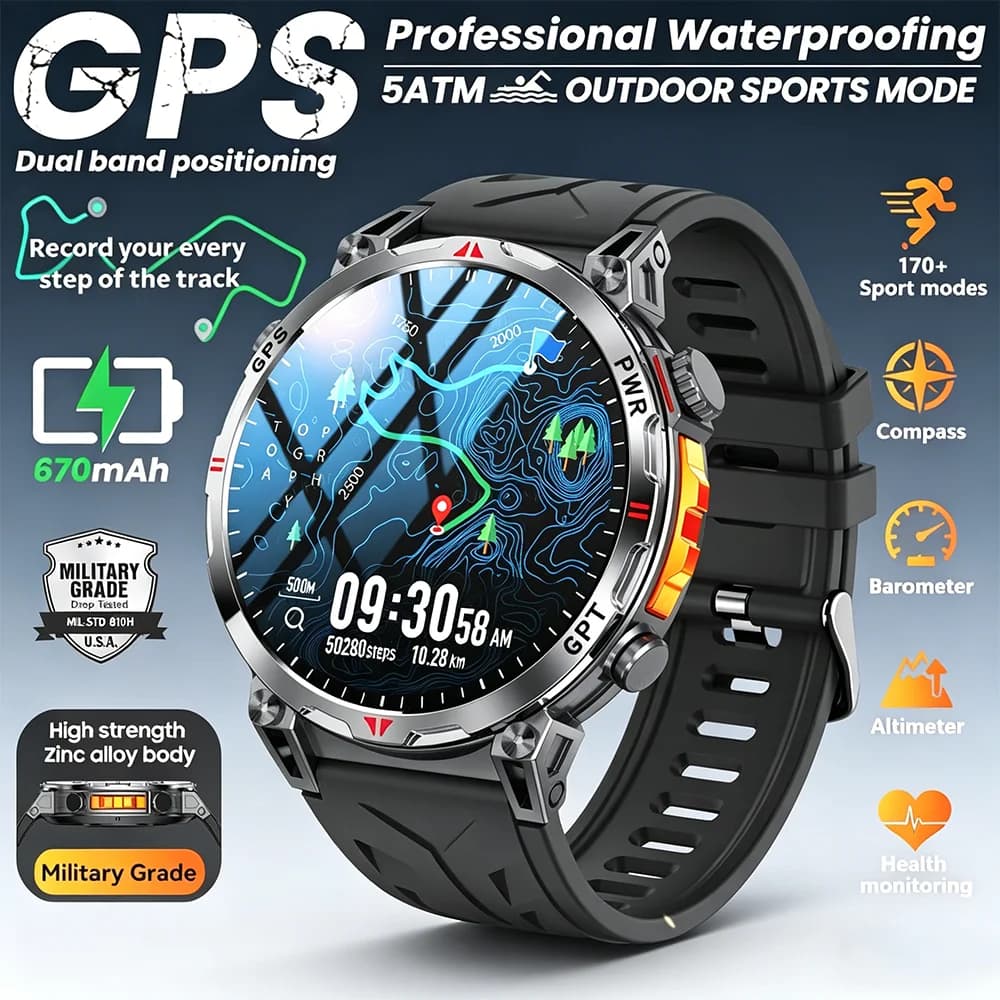 Nuovo Smartwatch Sportivo GPS da Esterno 2026 per Uomo, Display AMOLED da 1,56'', Bussola, Impermeabile 5ATM, Chiamate Wireless, Tracker Salute, Chat GPT