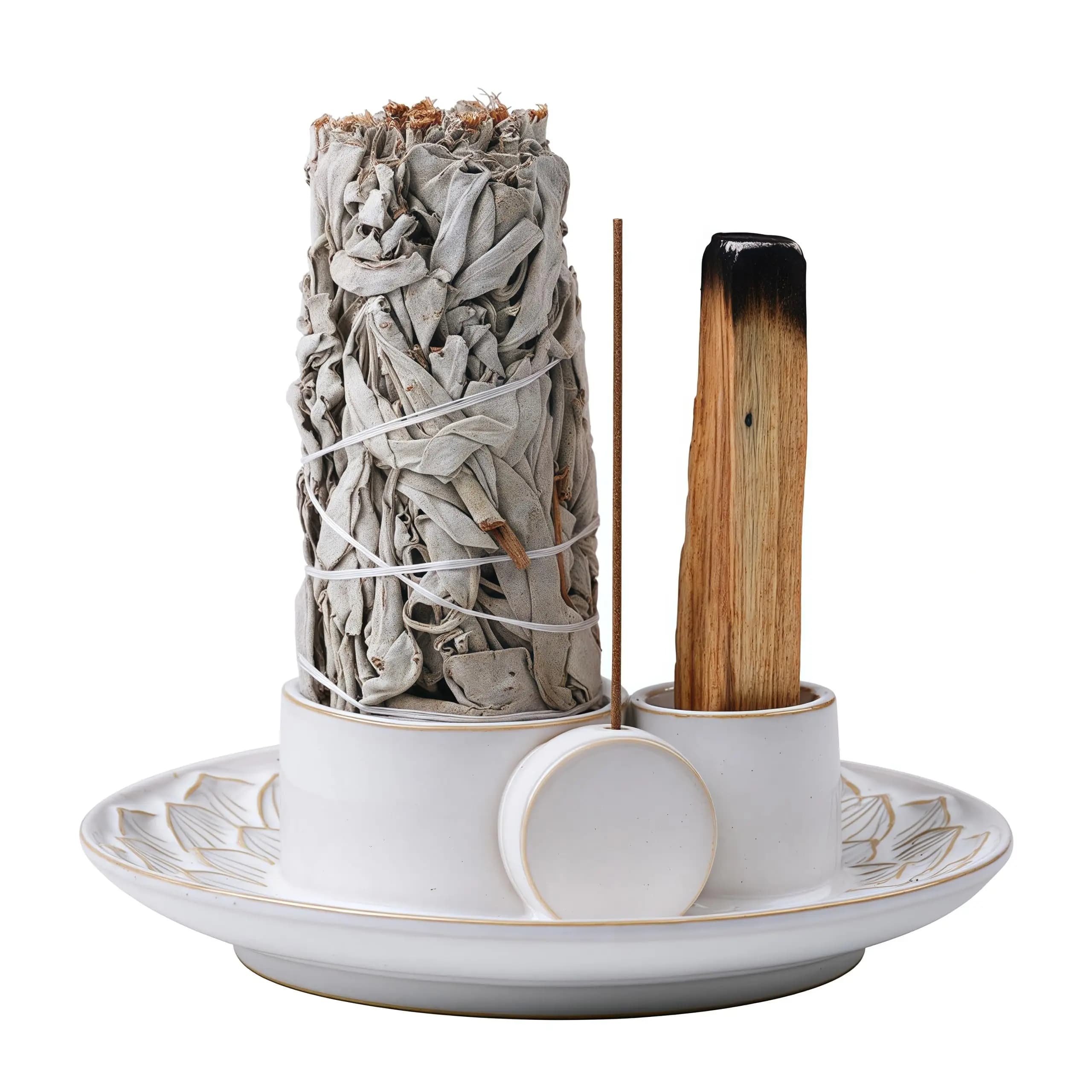 Bruciatore di Salvia in Legno di San Wood, Vassoio in Ceramica Semplice per Incenso, Lampada per Aromaterapia per Soggiorno, Accessorio Decorativo Multiuso