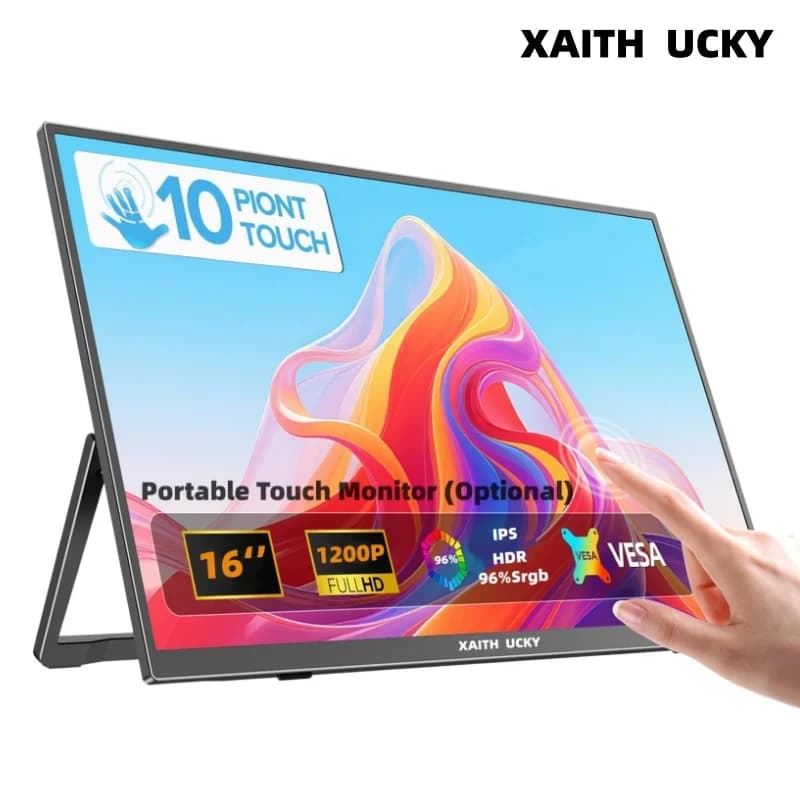 XAITH UCKY 16" Touchscreen Portable Monitor | 1200P IPS HDR, Ultra-Thin Travel Monitor with Adjustable Stand | HDMI USB-C Extern