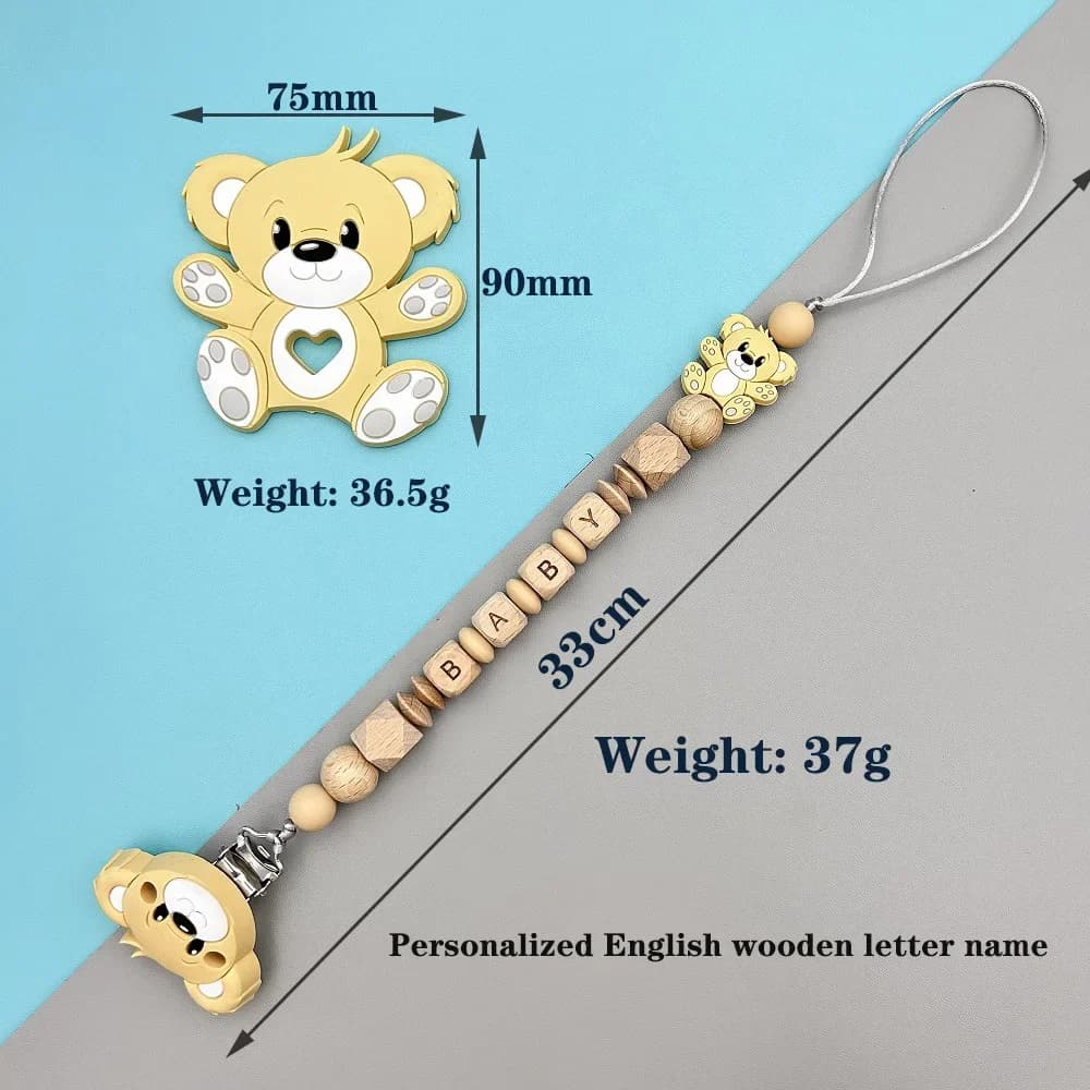Catenelle Portaciuccio Personalizzate con Lettere in Legno e Ciondolo Orsetto in Silicone, Giocattoli Kawaii per Neonati