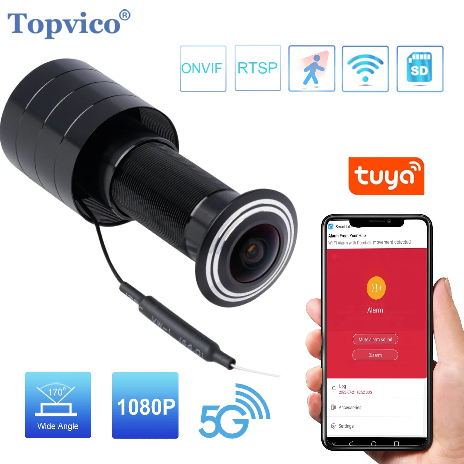 Topvico Tuya Smart Video Spioncino 2.4G e 5G Wifi Telecamera Rilevazione movimento Visualizzatore porta Video-occhio Citofono wireless Sicurezza domestica