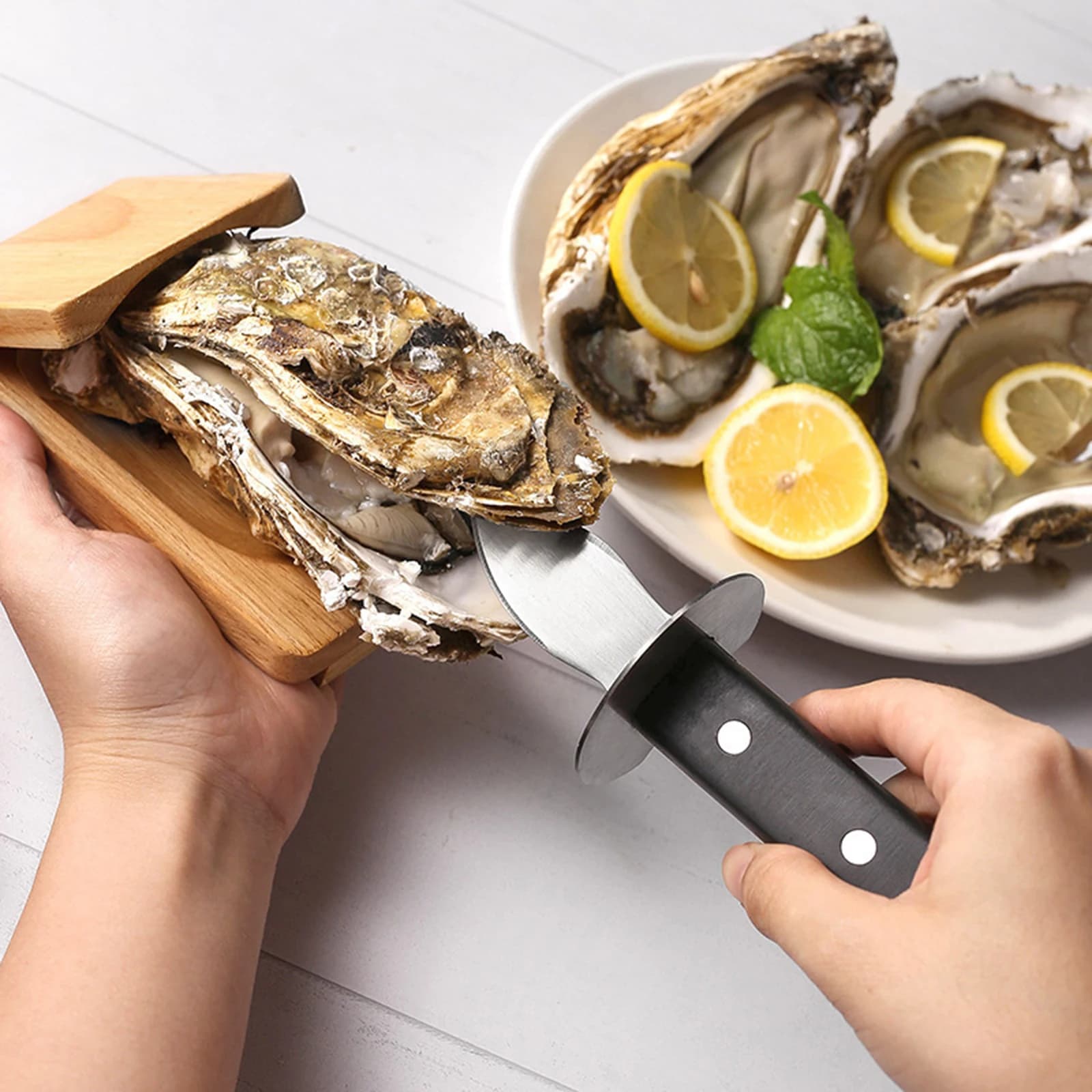 Seafood tool knife for stainless steel oysters with wooden support Tool for making kitchen lever to descend oysters, bats, scallops