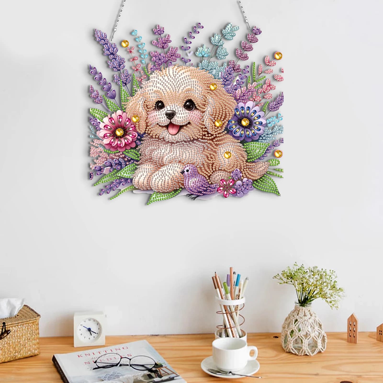 Set di Pittura Diamantata 2D Fai-da-Te con Ciondolo Lavanda e Cucciolo, Decorazione per la Casa