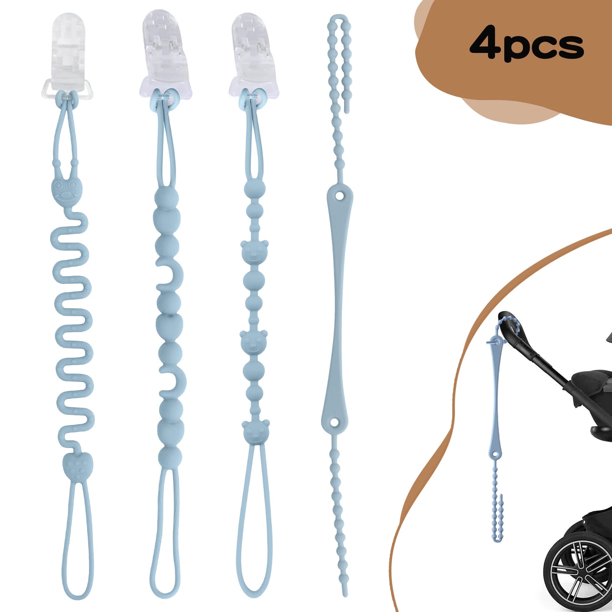 Confezione da 4 - Cinghie per giocattoli per bambini, catenelle per ciuccio, clip per ciuccio in silicone, adatte per passeggini, seggioloni e culle