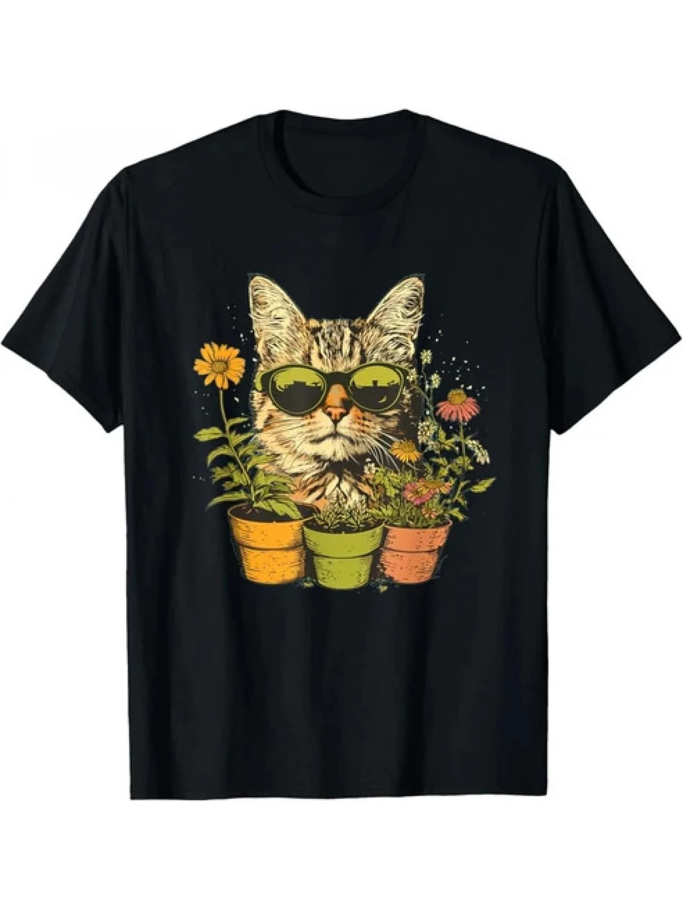 Unisex T-shirt with potted plants and funny cat faces, perfect for gardening enthusiasts and as a gift