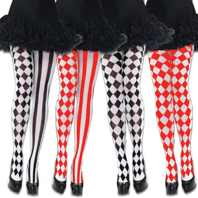 Halloween Cosplay Pantyhose Diamond Stripe Pattern Asymmetric Tights Gothic Lolita Stockings Carnival Clown Costume Accessories