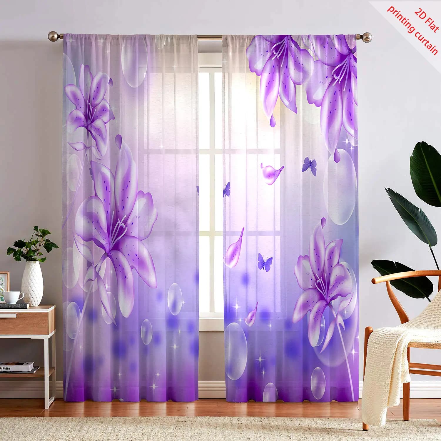 Transparent gauze curtain printed with purple flowers, romantic home decoration, suitable for living room, bedroom, balcony windows