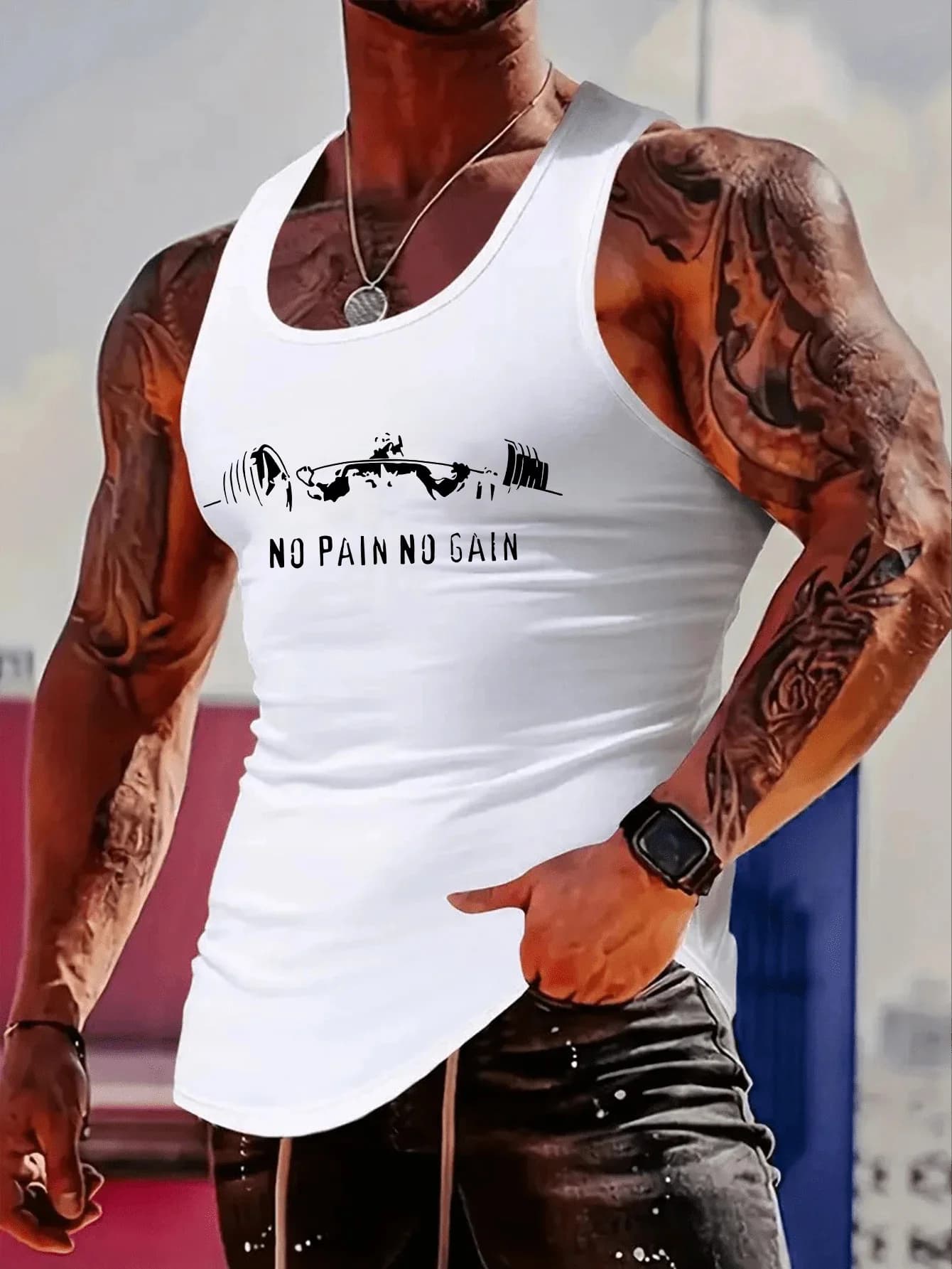 Fashionable trend: muscular and robust style - sports tank with fitness print and handlebars