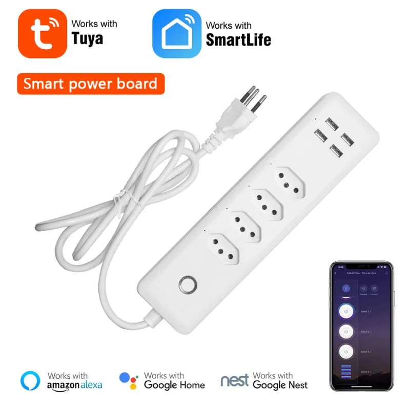 Smart slippers Tuya Wifi plug 4 sockets usb BR APP Standard remote control timing works with Alexa Google Home