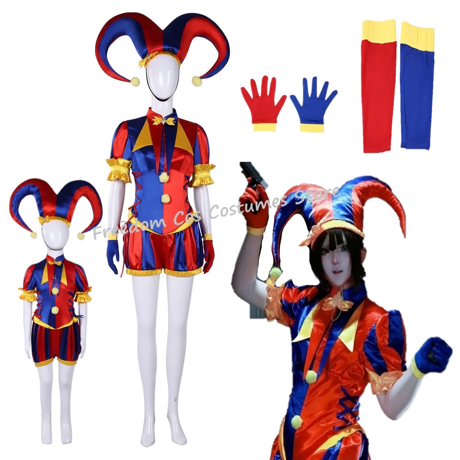 Divertente Costume da Clown da Circo Pomni per Cosplay, Costume da Scherziere Femminile, Tuta Blu e Rossa con Cappello, Guanti e Calzini, Completo per Festa di Halloween