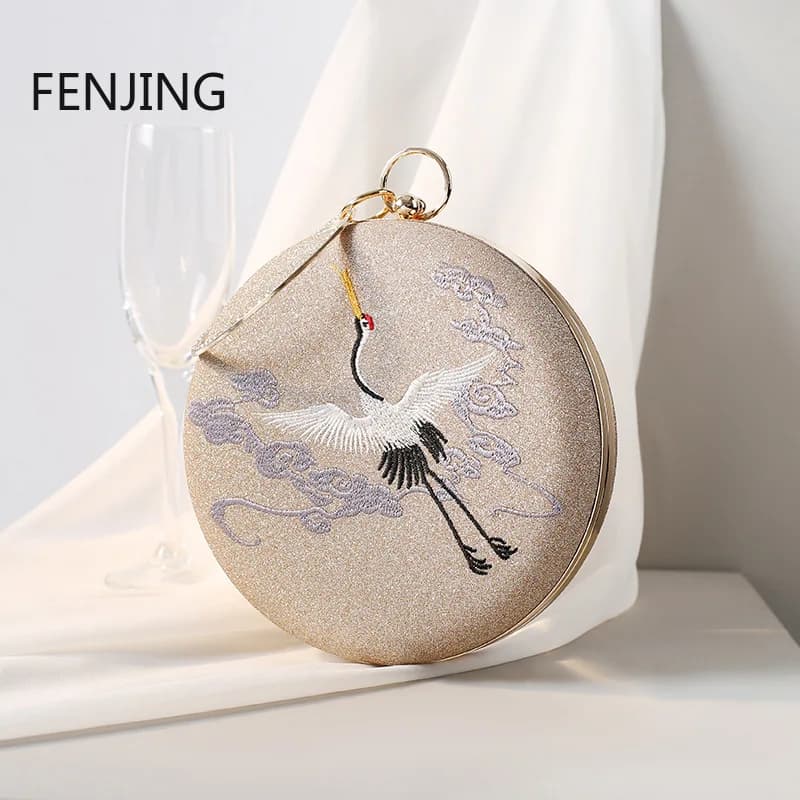 Embroidered evening bag with retro crane of the new women round bag for shoulder bag banquets for women circular clutches for dinner Sac