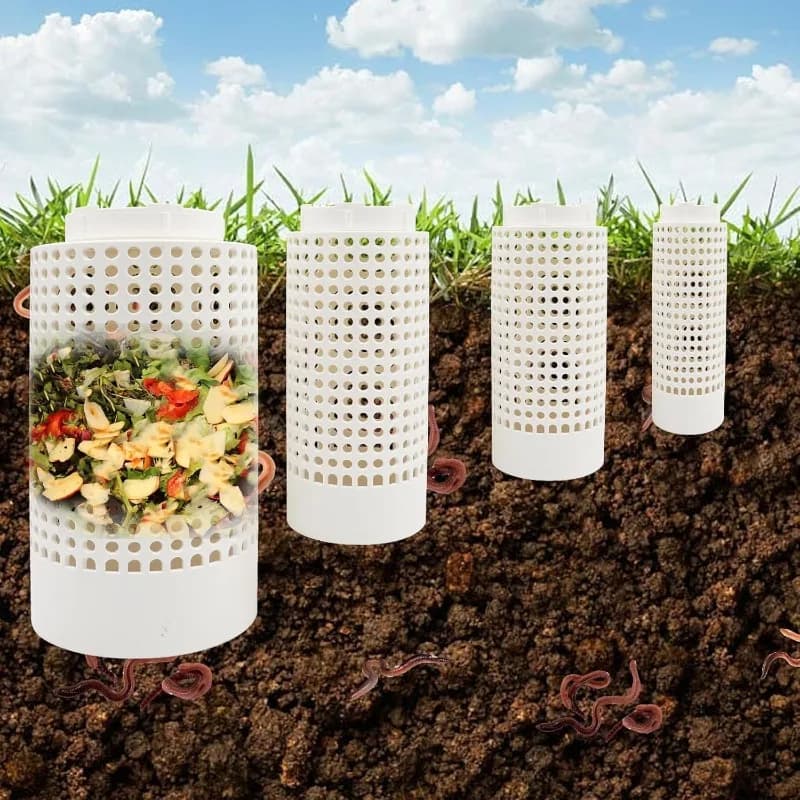 Confezione da 4 contenitori per compost sotterranei, fattoria di vermi da giardino in plastica all'aperto per rifiuti organici, contenitori per compost con fori e coperchio per giardino,