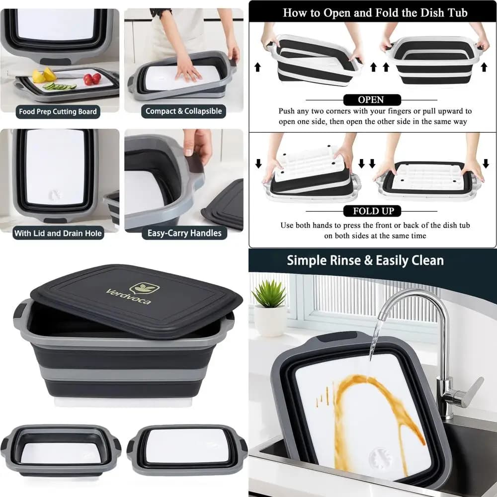 Vasca Portatile Pieghevole per Preparazione BBQ con Coperchio Tagliere, 30L Nera, Senza BPA per Campeggio e Competizioni all'Aperto