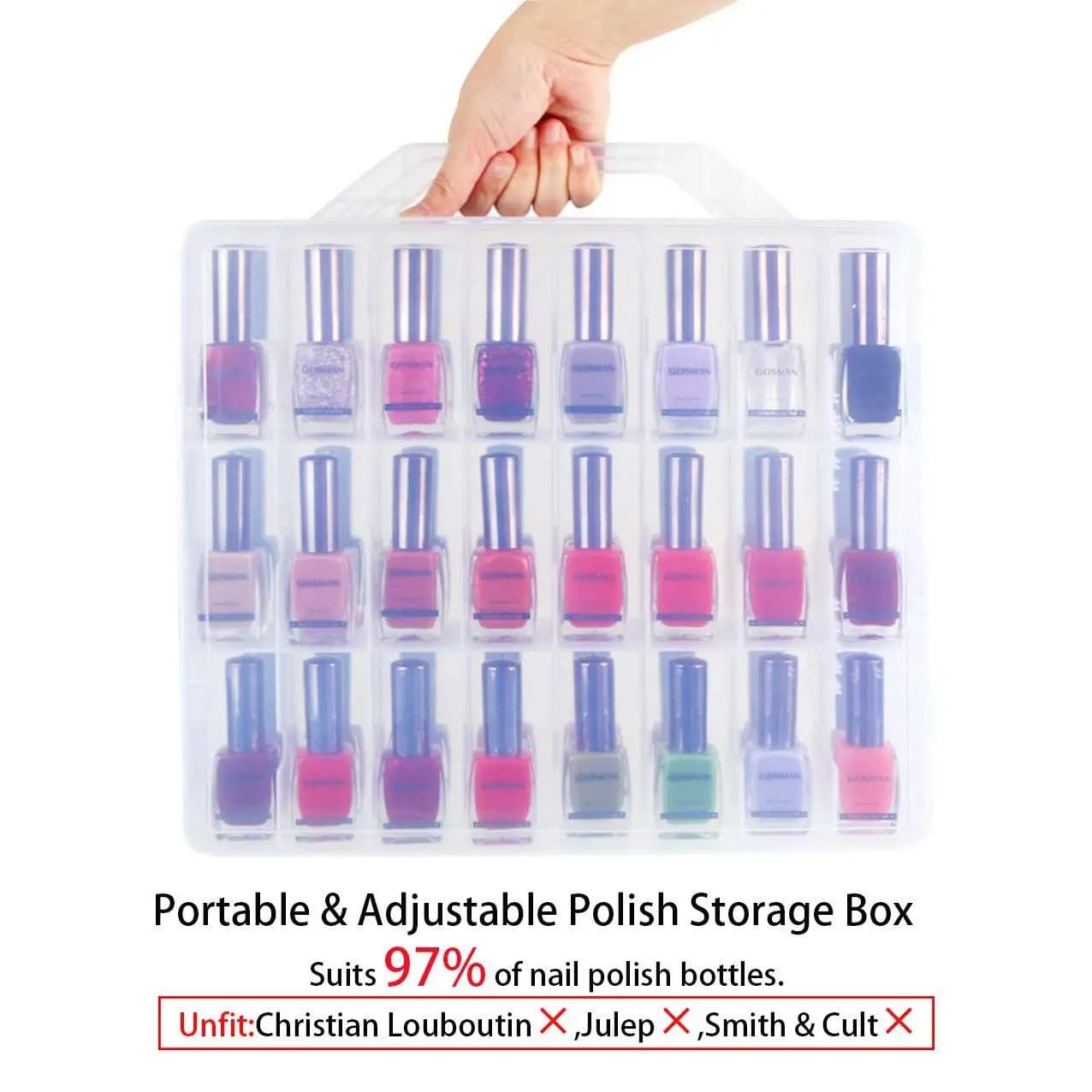 A34R Nail Organizer Holder, Universal Double Side Transparent Portable Organizer and Thread Case for 48 Adjustable Bottles